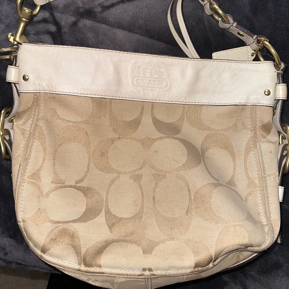 tan and creme canvas and leather coach shoulder purse - Picture 1 of 4